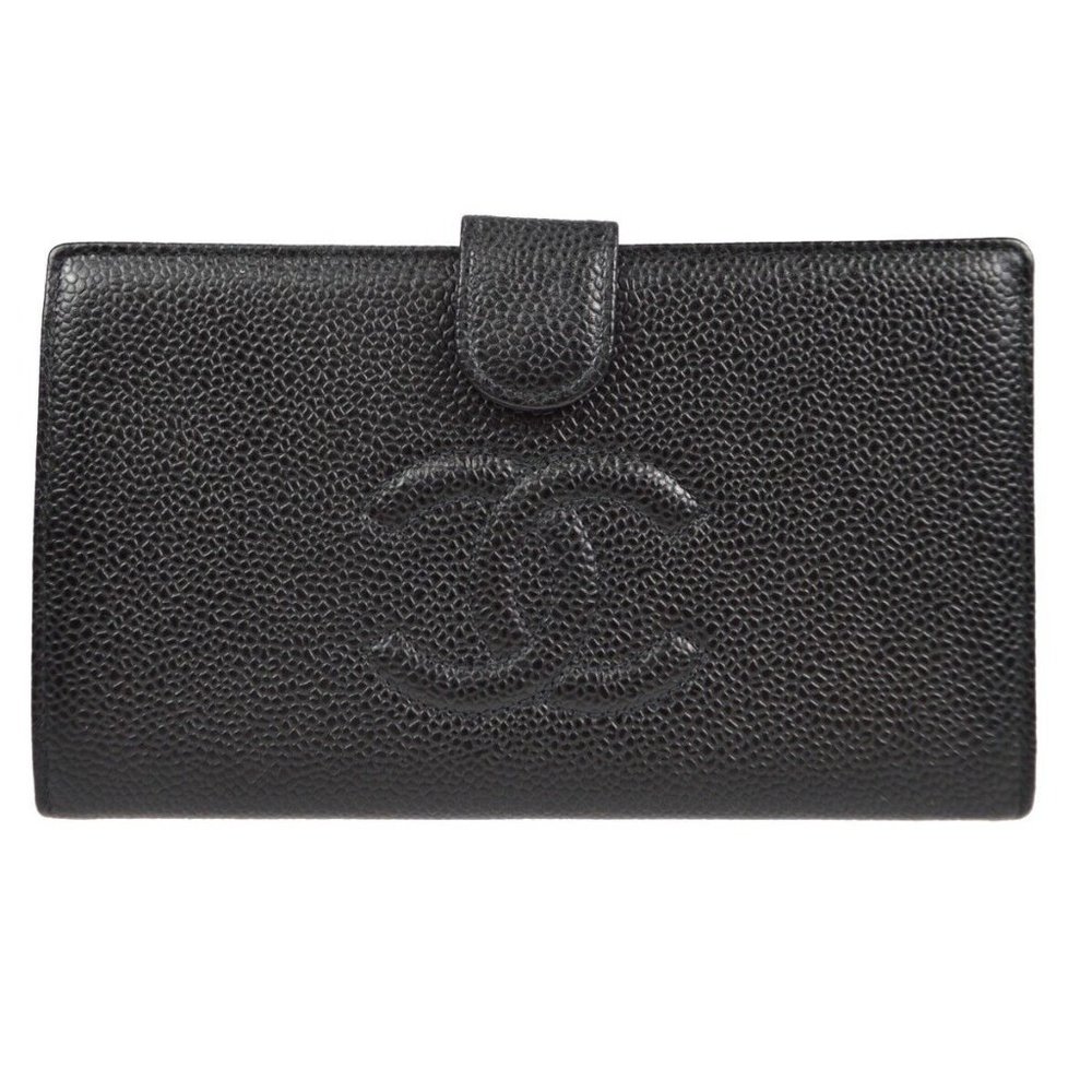 Authenticity Guaranteed Chanel Long Bifold Wallet Purse Black Caviar Skin
